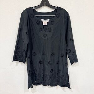 Gretchen Scott Eyelet Embroidered Black Tunic Blouse Women’s Size Small